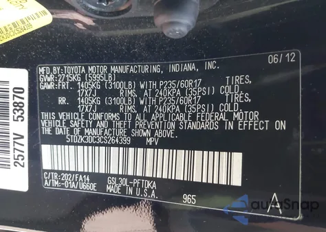 2012 Toyota Sienna Base V6 7 Passenger z USA, uszkodzony, nr VIN 5TDZK3DC3CS264399